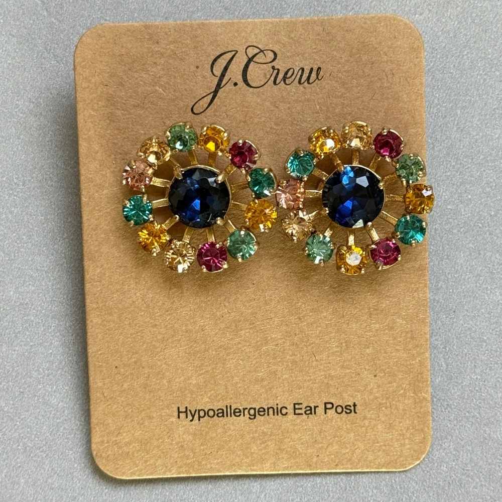 J. CREW Earrings Crystal Multi Color SNOW FLAKE Posts Statement Preppy B